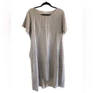 Vasna 100% linen taupe and navy stripe oversized dress with pockets